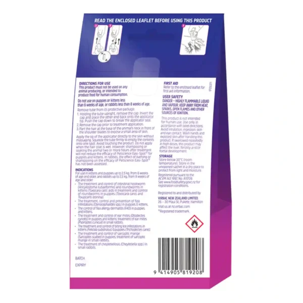 Pet product packaging with usage instructions and warnings.