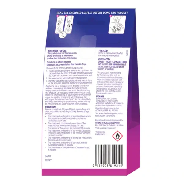 Pet treatment instructions and safety information on packaging.