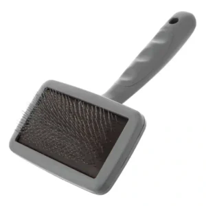 Gray pet grooming brush with handle