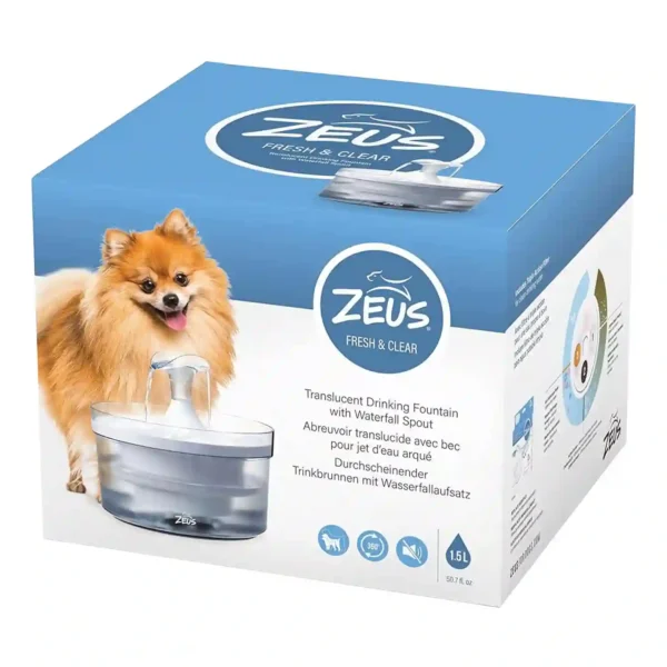 Zeus pet fountain box with dog illustration