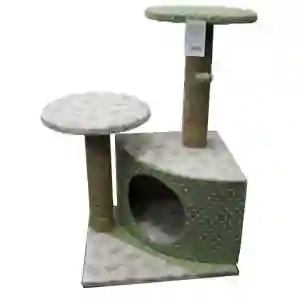 Multi-level cat tree with scratching posts.