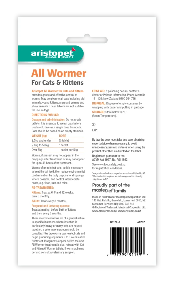 ab767 aristopet all wormer tablets for cats and kittens 2pk bop