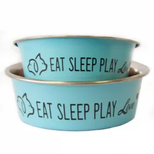 Blue dog bowls with 'Eat Sleep Play' text.