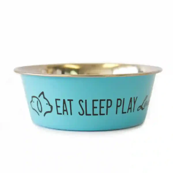 Blue pet bowl with 'Eat Sleep Play' design.
