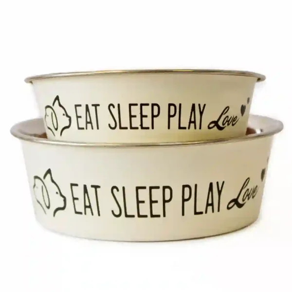 Stacked dog bowls with text 'Eat Sleep Play Love'.