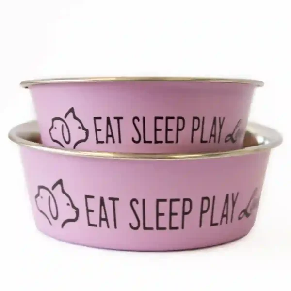 Purple pet bowls with 'Eat Sleep Play' text.