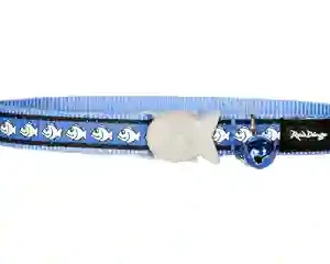 Blue dog collar with fish pattern and clip.