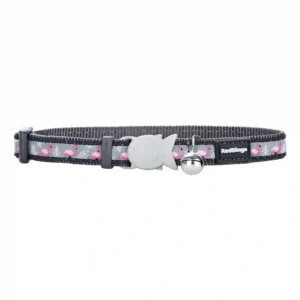 Pink flamingo-patterned cat collar with fish buckle.