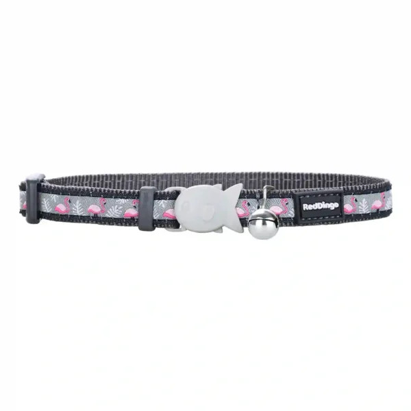 Pink flamingo-patterned cat collar with fish buckle.