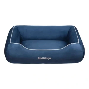 Blue rectangular dog bed with white trim.