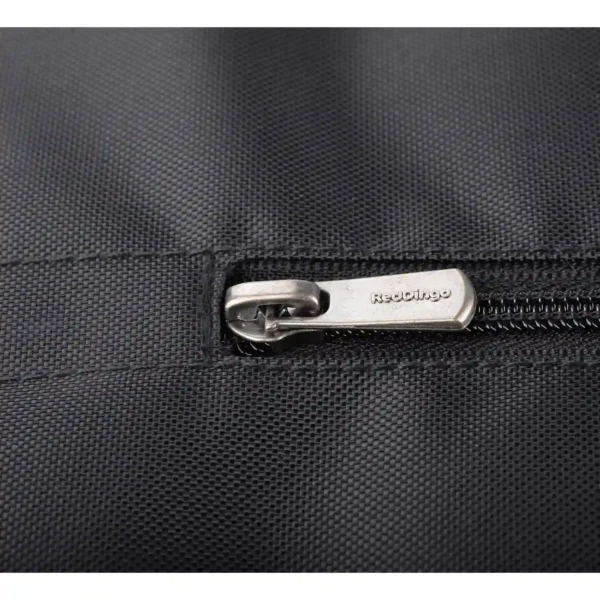 Closeup of black fabric zipper detail.
