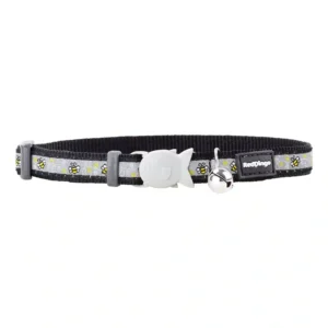 Bee-patterned cat collar with bell and fish clasp.