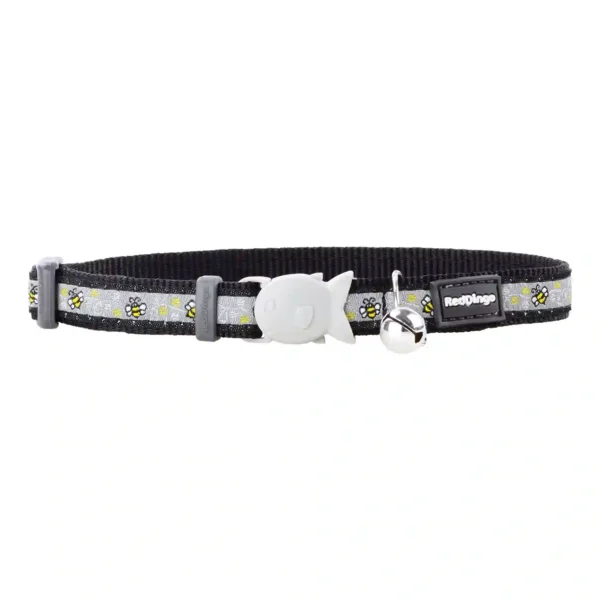 Bee-patterned cat collar with bell and fish clasp.