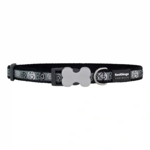 Black dog collar with paw prints and bone clasp.