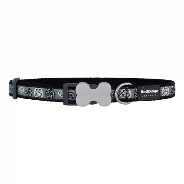 Black dog collar with paw prints and bone clasp.
