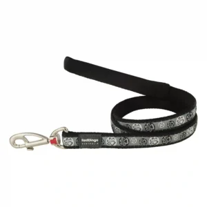 Black dog leash with paw print pattern.