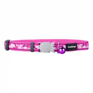 Pink cat collar with fish pattern and bell.