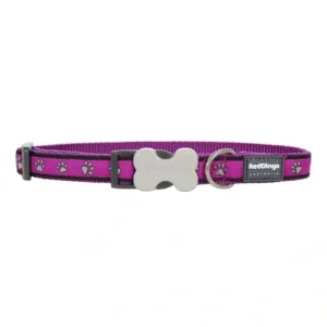 Purple dog collar with paw prints and buckle.