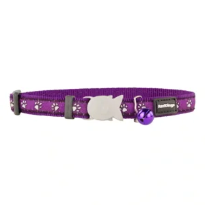 Purple pet collar with paw prints and bell