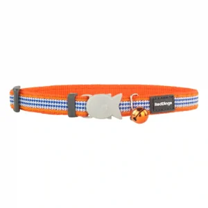 Orange cat collar with bell and fish clasp.