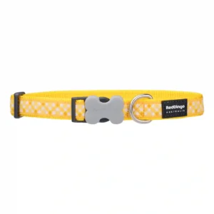 Yellow checkered dog collar with bone-shaped buckle.