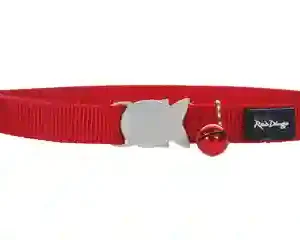 Red cat collar with bell and fish emblem.