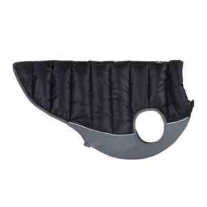 Black quilted dog coat with reflective trim