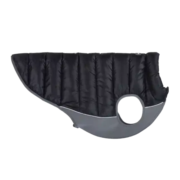 Black quilted dog coat with reflective trim