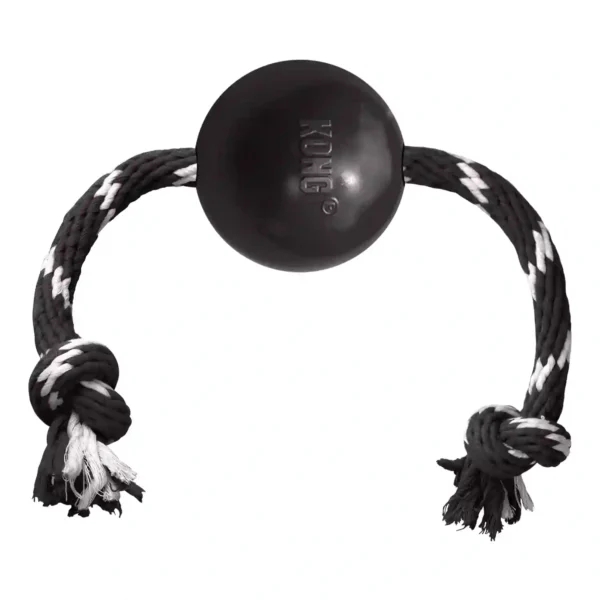 Durable dog toy with rope and ball design.