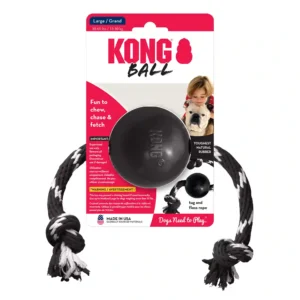 Kong ball with rope for dogs, fun to chew.
