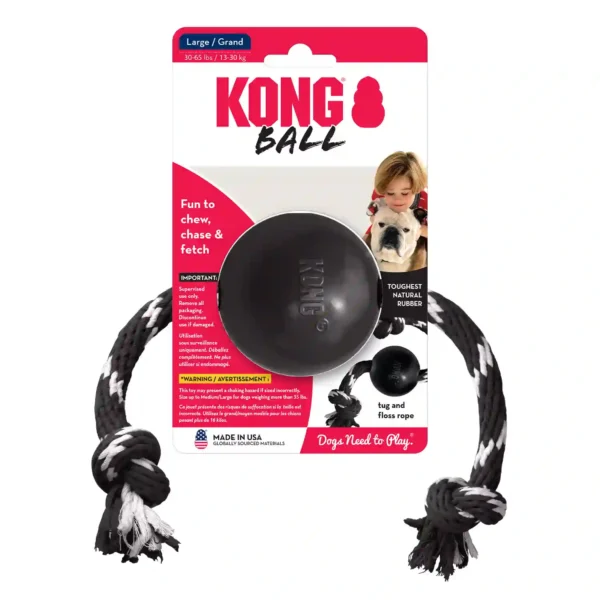 Kong ball with rope for dogs, fun to chew.