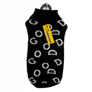 Black dog sweater with white 'GOOD' print