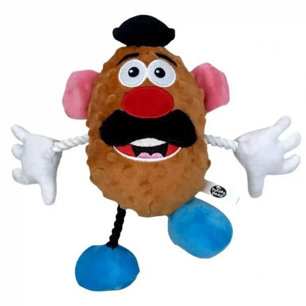 Plush Mr. Potato Head toy with hat and mustache.
