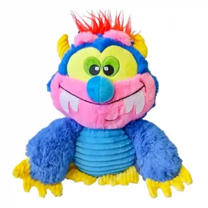 Colorful plush monster toy with big eyes and teeth.