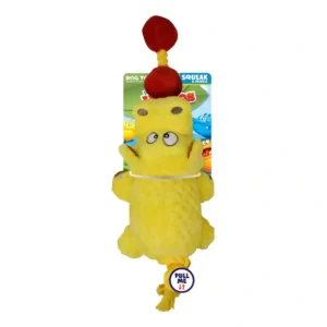Yellow dog toy with squeaker and rope tail.