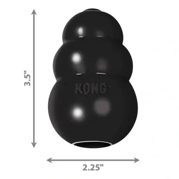 Black KONG dog toy with dimensions 3.5x2.25 inches.