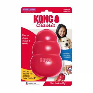 KONG Classic red dog toy on package.