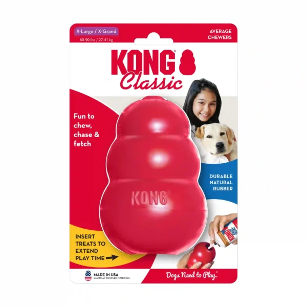 KONG Classic red dog toy on package.