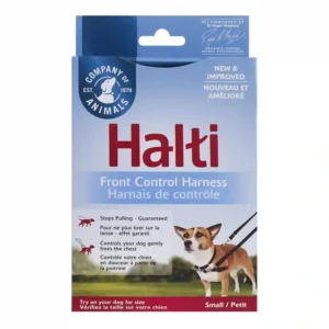 Halti front control harness packaging with dog image.