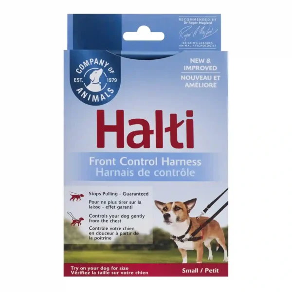 Halti front control harness packaging with dog image.