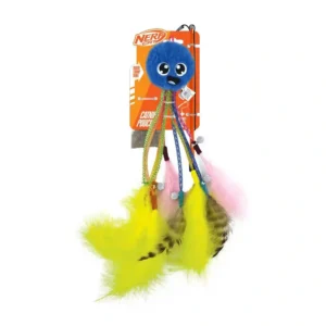 Cat toy with feathers and blue fuzzy ball.