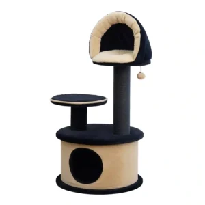 Black and beige cat tree with perch and tunnel.