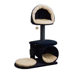 Black and beige cat tree with cozy beds.