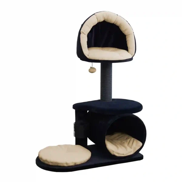 Black and beige cat tree with cozy beds.
