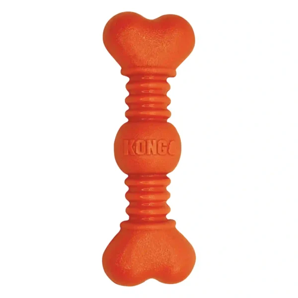 Orange rubber dog toy with bone shape