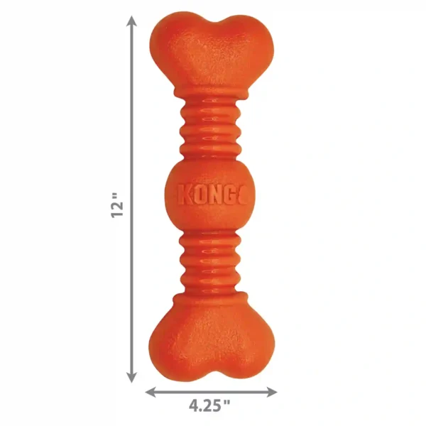Orange dog bone toy with dimensions.