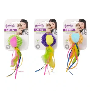 Colorful feathery cat toys for playful pets.
