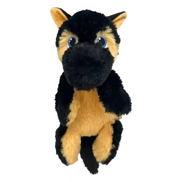 Stuffed German Shepherd toy with blue eyes.