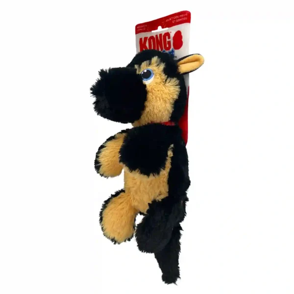 Plush dog toy hanging on display.