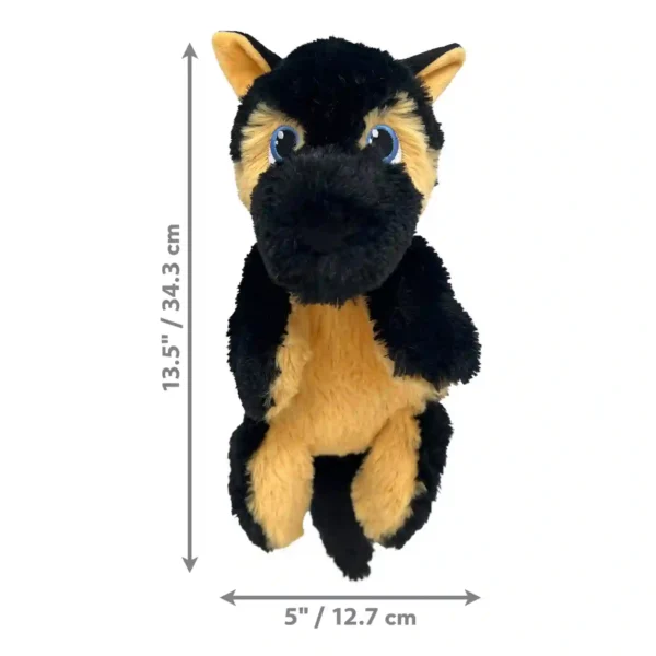 Stuffed animal dog with size dimensions.